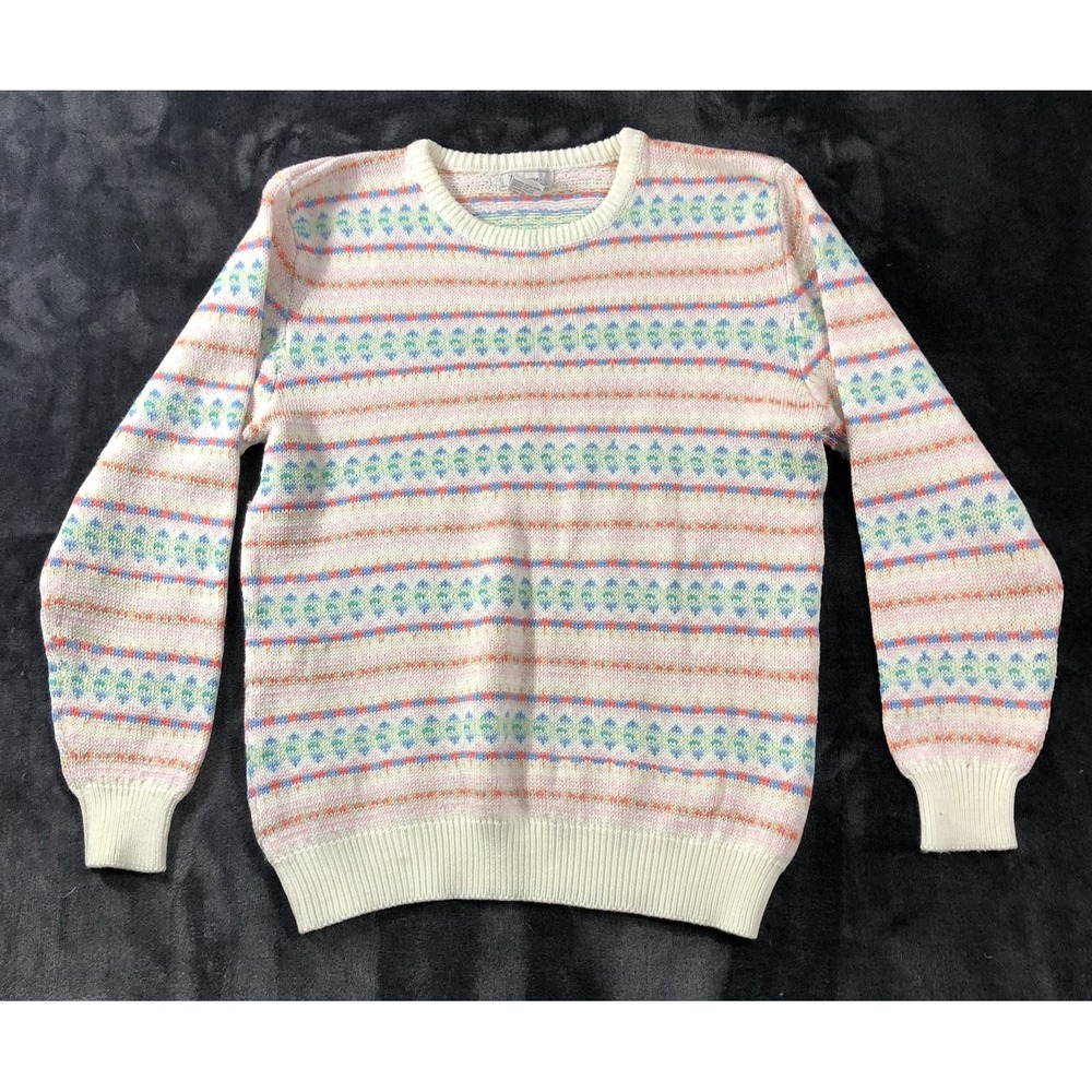 Town House Sweater Women's Size 40 (Medium) White Pink Blue Green Pastel Eggs